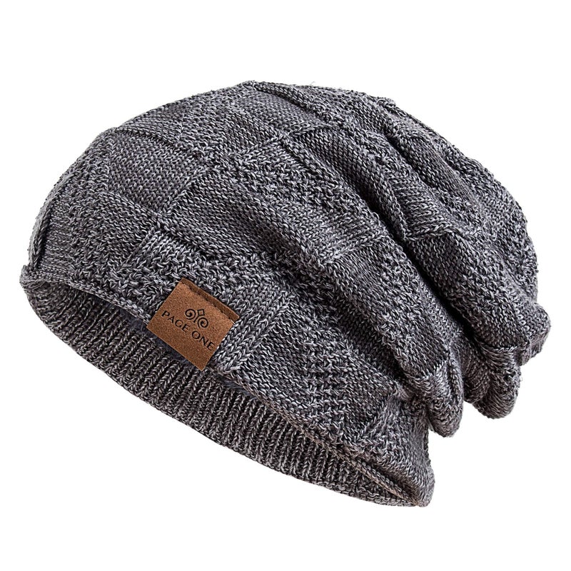 PAGE ONE Mens Winter Slouchy Beanie Warm Fleece Lined Skull Cap Baggy Cable Knit Hat Gray - Image 1